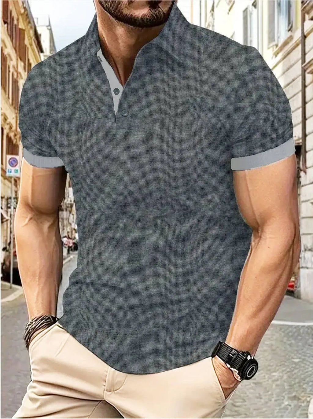 Men's short sleeve color matching fashion with men's lapel short sleeve Quick Pick Grocers