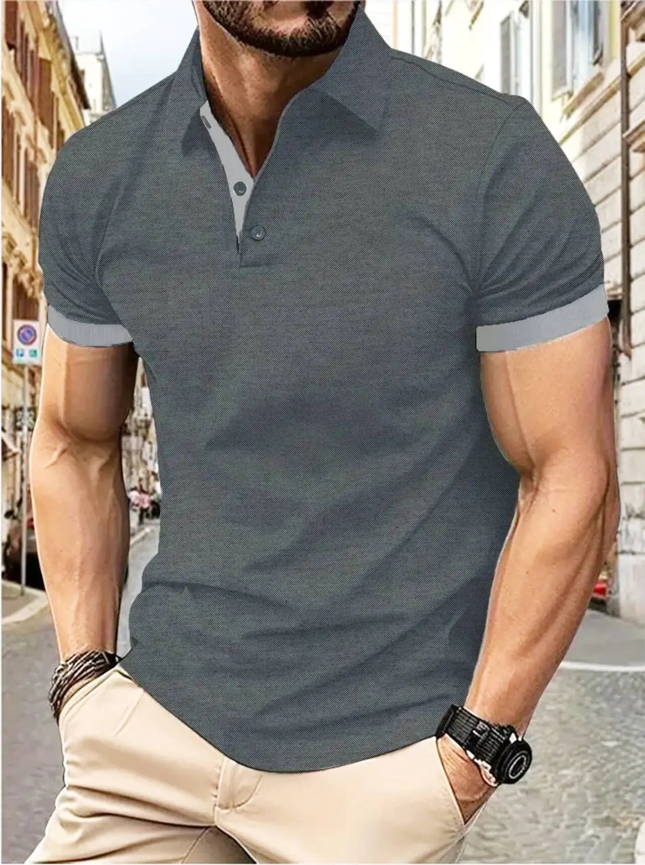 Men's short sleeve color matching fashion with men's lapel short sleeve Quick Pick Grocers