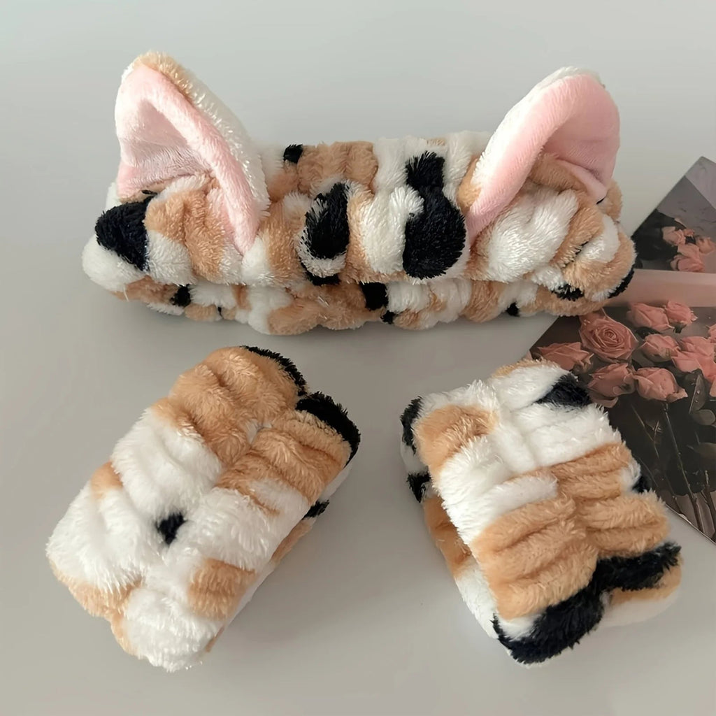 3pcs Wash Face Headband Soft Comfortable Plush Headband Wrist Strap Set For Girls Cartoon Cat Ear Shaped Wash Up Headband Kit Econic Blanks