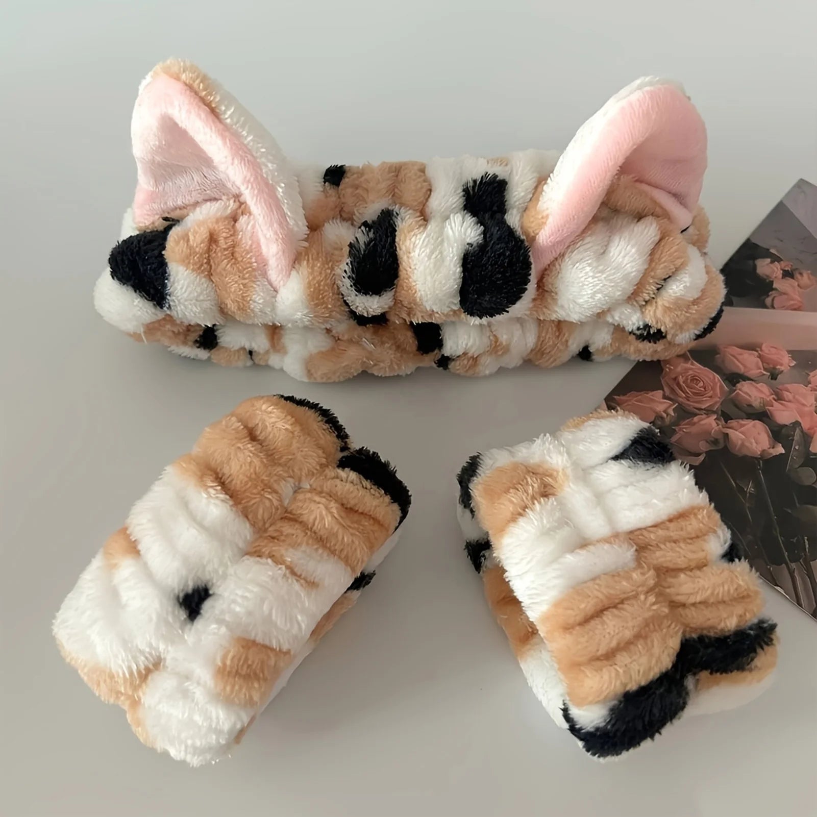 3pcs Wash Face Headband Soft Comfortable Plush Headband Wrist Strap Set For Girls Cartoon Cat Ear Shaped Wash Up Headband Kit Econic Blanks