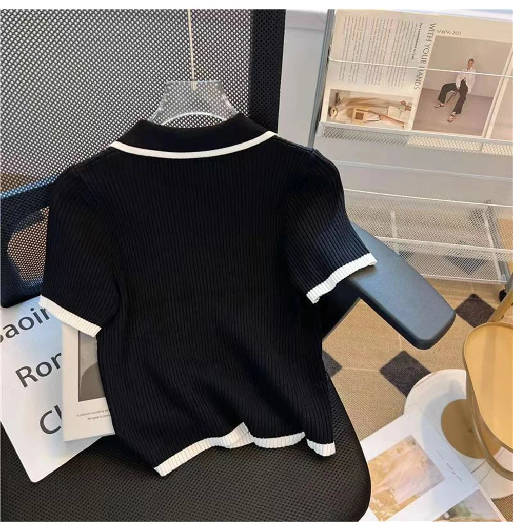 Ice silk knitted short sleeved T-shirt for women's summer 2024 new fashionable and stylish polo shirt top Quick Pick Grocers