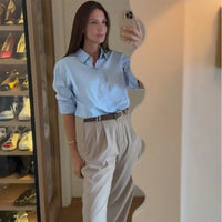 HXAO 2025 Woman Blouses Long Stripe Shirts Women Spring Summer Long Sleeve Blue White Shirt Woman Large Tops Button Up Shirts Quick Pick Grocers