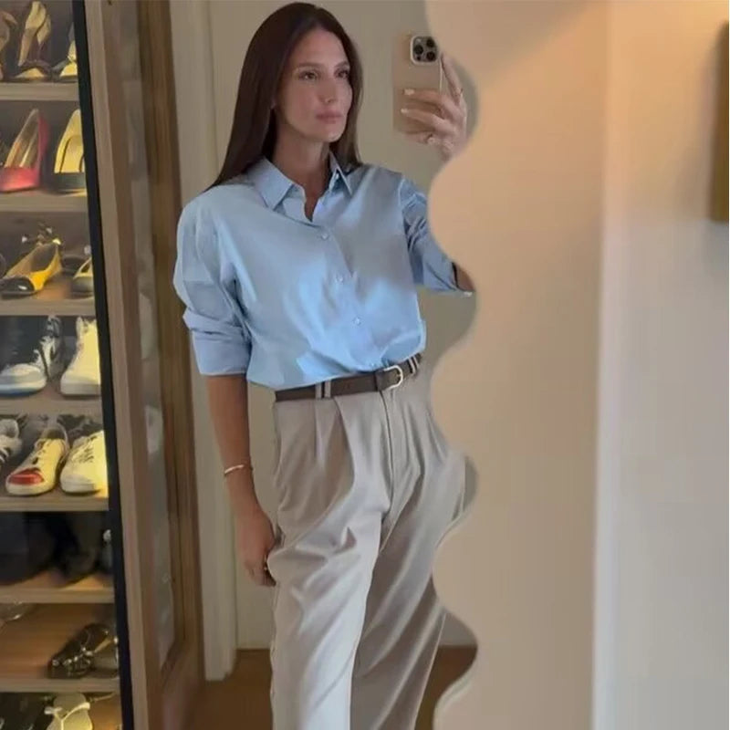 HXAO 2025 Woman Blouses Long Stripe Shirts Women Spring Summer Long Sleeve Blue White Shirt Woman Large Tops Button Up Shirts Quick Pick Grocers