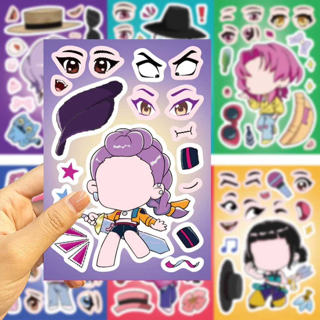 8Sheets Children DIY Puzzle Sticker Games K-POP DEMON HUNTERS Make A Face Funny Assemble Jigsaw Stickers Kids Educational Toys Purest Peak Salt