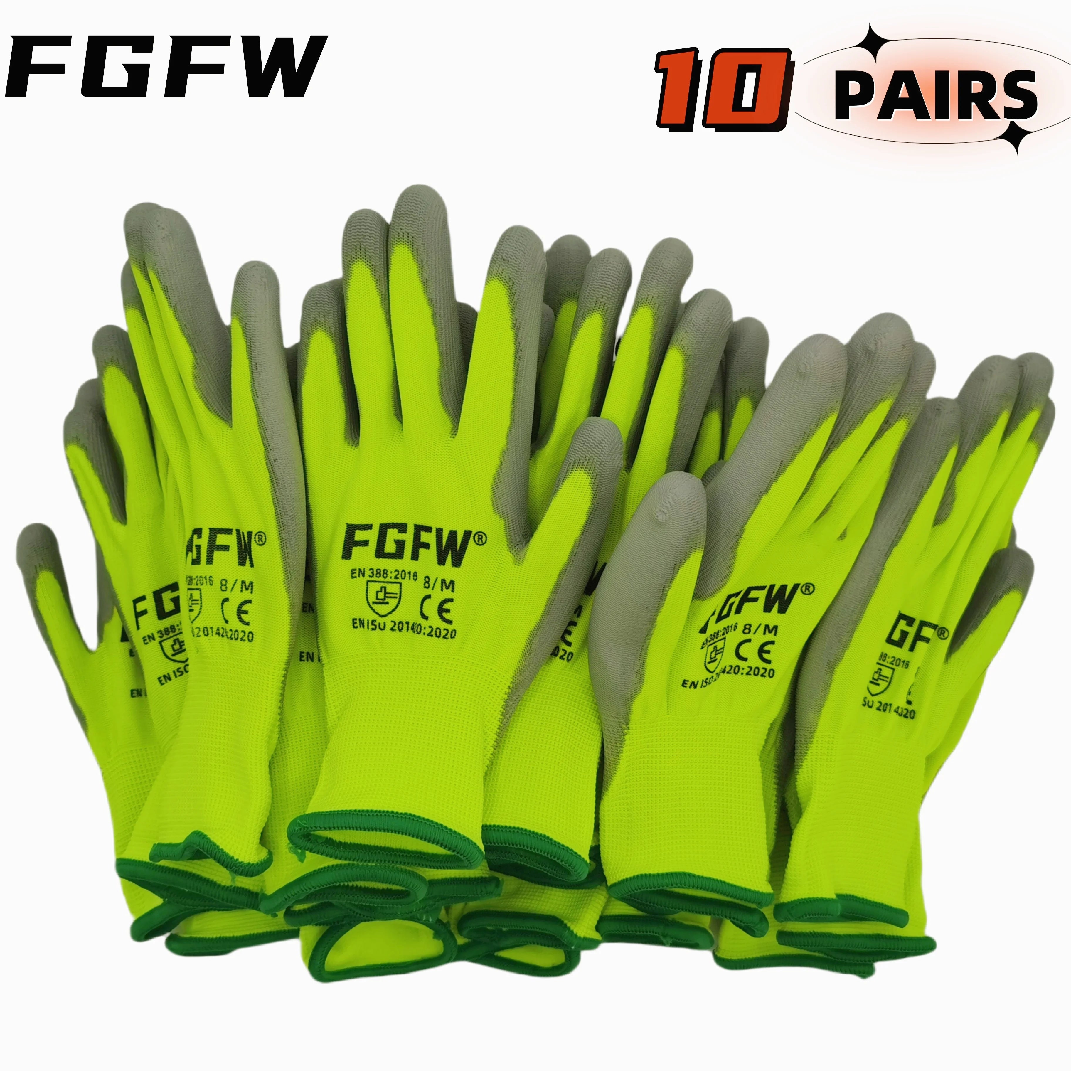 10 Pairs PU Coated Work Gloves - Lightweight, Durable Safety Gloves EN 388/ISO20471 Certified, Sizes S/M/L/XL Quick Pick Grocers