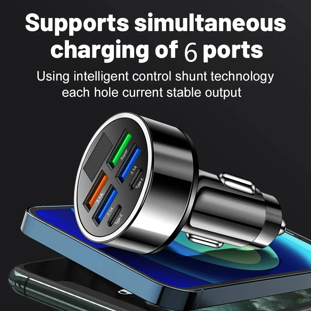 6-in-1 Fast Charging Car Adapter 3.1A Dual Type-C Digital Display Smartphones Tablets Power Banks Black Portable Charger Quick Pick Grocers