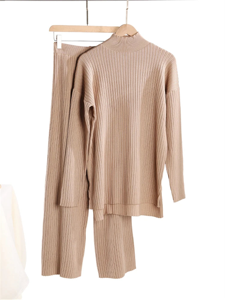 Autumn Winter 2 Pieces Women Sets Knitted Tracksuit Turtleneck Sweater and Straight Jogging Pants Suits Quick Pick Grocers