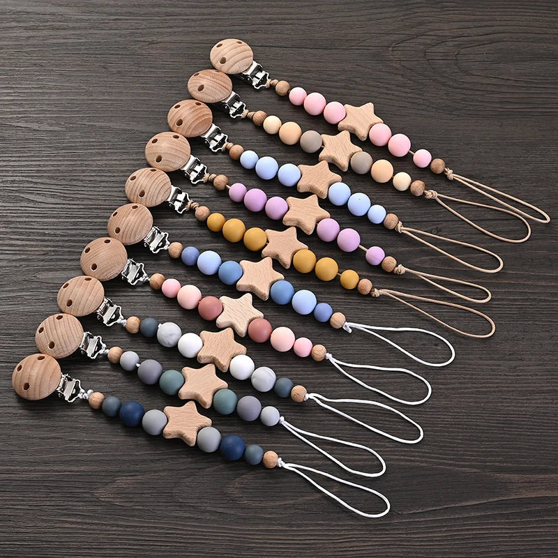 Baby Pacifier Chain Clips Wood Pentagram Teether Silicone Round Beads Teething Chain For Baby Care Soother Chew Toys Shower Gift Purest Peak