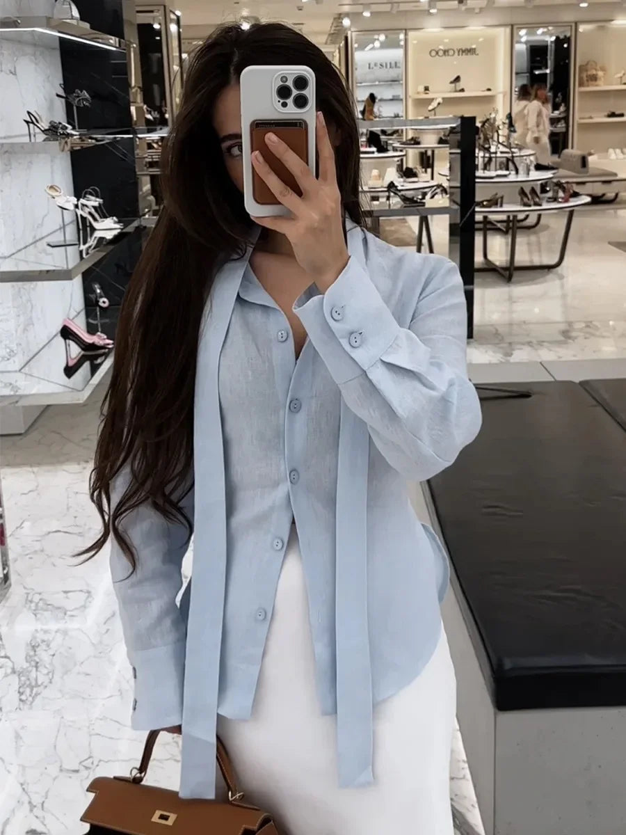 Wolfeel 100% Cotton New Autumn Tie Belted Shirt Women's  Floating Ribbon Cardigan Top Commuting Slim Blouse Quick Pick Grocers