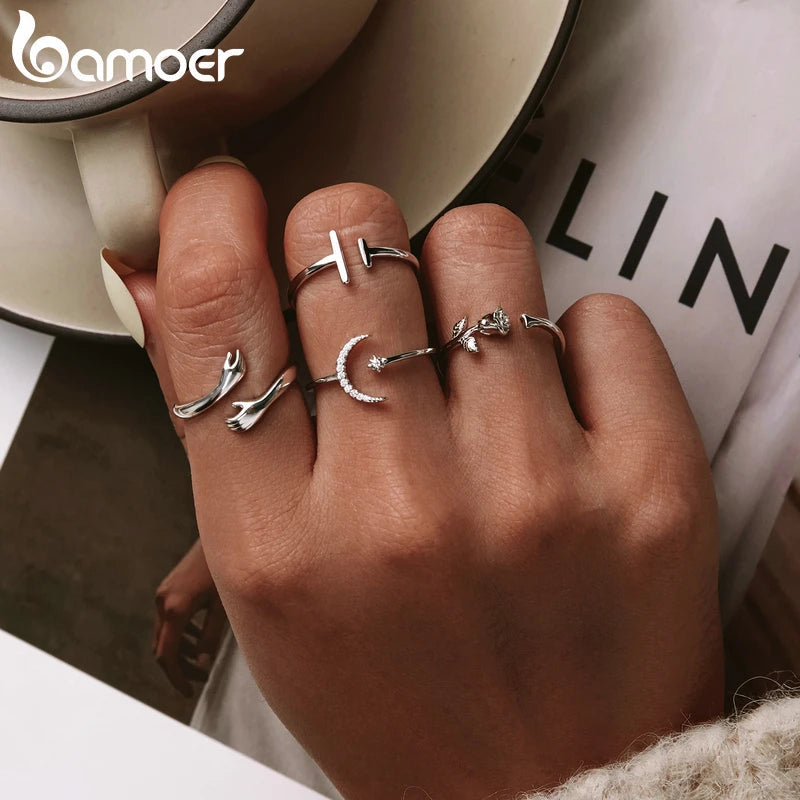 BAMOER 925 Sterling Silver Hug Open Ring Warm Love Hand Adjustable Glossy Ring for Women, His Big Loving Family Party Gift Quick Pick Grocers