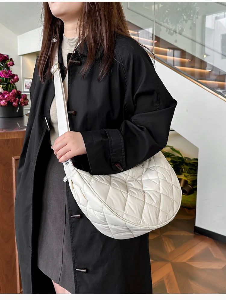 Waist Half Moon Belt Bag Solid Color Crossbody Bag Large Capacity Shoulder Bags Portable Nylon Plaid Travel Bags for Commuting Quick Pick Grocers