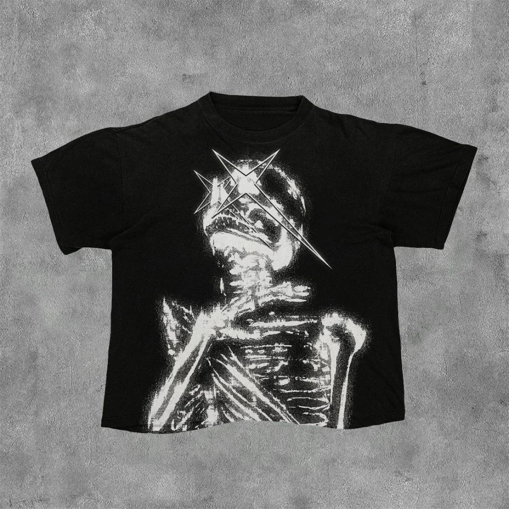 Vintage Dark Centipede Skeletal Graphic Cotton Print T-shirt Men Y2K Summer Short Sleeves Oversize T-shirt Women Casual Tee Tops Quick Pick Grocers