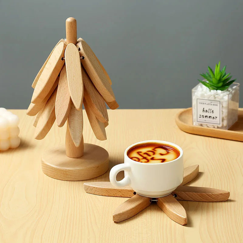 4PCS Tree Design Stand Bamboo Wooden Trivets Decorative Anti Scald Heat Resistant Table Mat Coaster Wood Placemats Pot Quick Pick Grocers