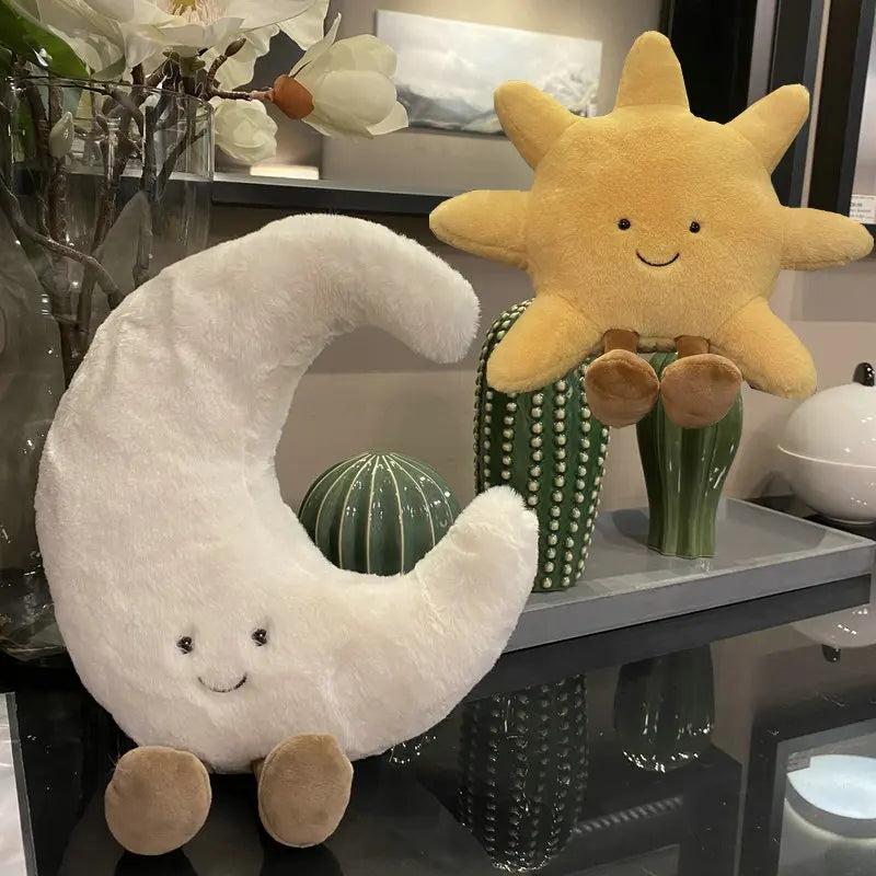 Adorable Smile Face White Moon Yellow Sun Plushie Stuffed Cute Cartoon Weather Plush Toy for Kid Bedroom Decor Sofa Throw Pillow Econic Blanks