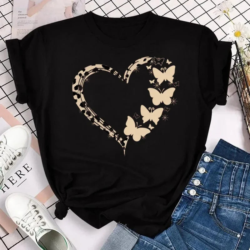 New Fashion Women T-shirt Colorful Butterfly Petal Print Short Sleeve and Round Neck Cute Graphic Tee Shirts Female Tops Clothin Quick Pick Grocers
