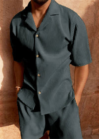 Spring/Summer suit Solid color corduroy shorts sleeve shirt and shorts stretch beach casual suit Quick Pick Grocers