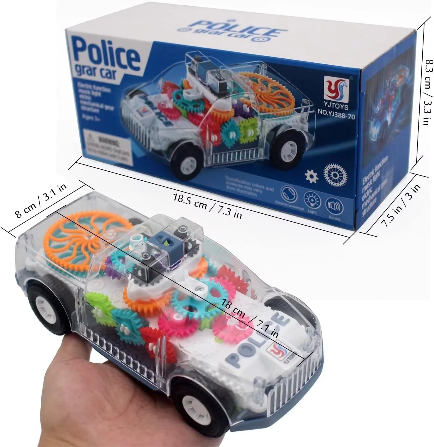 Light Up Transparent Gears Police Car Toy for Kids Bump and Go Toy Car for Boys Girl Educational Baby Toys Car Music LED Effects Quick Pick Grocers