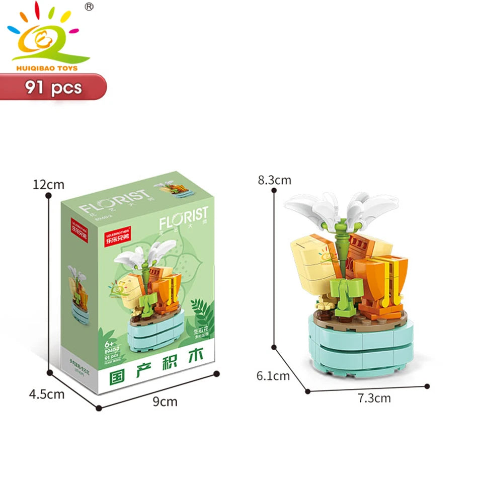 HUIQIBAO MOC Flower Succulent Potted Model Building Block DIY Eternal Bouquet Home Desk Plant Decor Brick Girl Gift Children Toy Quick Pick Grocers