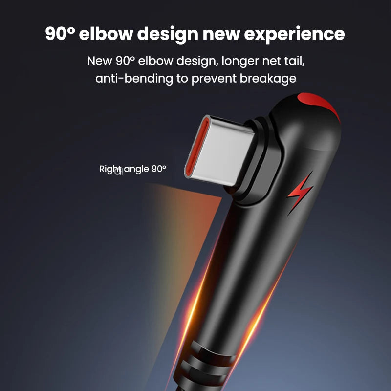 120W USB To Type-C Cable 90 Degree Elbow Mobile Phone Fast Charging For Huawei Mate 40 30 Xiaomi Samsung Phone Charging Cord Quick Pick Grocers
