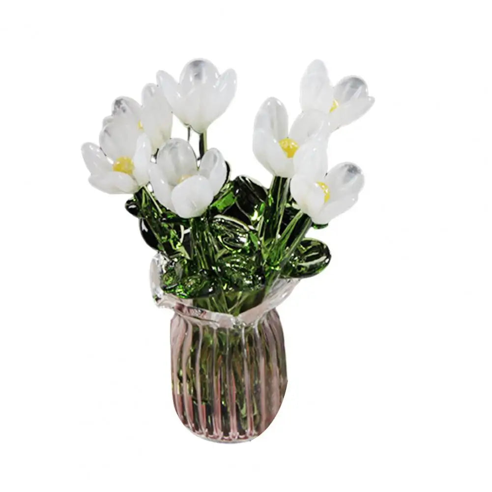 Glass Flower Decor Handcrafted Floral Sculpture Hand-blown Glass Flower Bouquet with Vase Mini Floral Decoration for Home Room Quick Pick Grocers