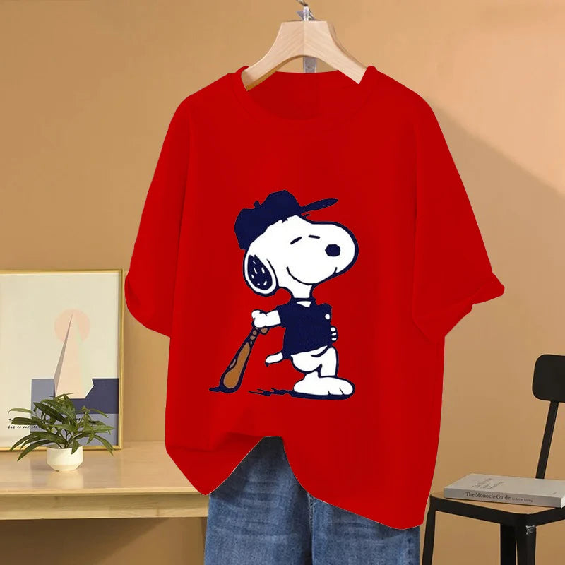 Snoopy Baseball Cartoon Anime Women T-shirt Summer Short Sleeve 100% Cotton Men Tee Shirts Tops 2025 New Fashion Couple Clothes Quick Pick Grocers
