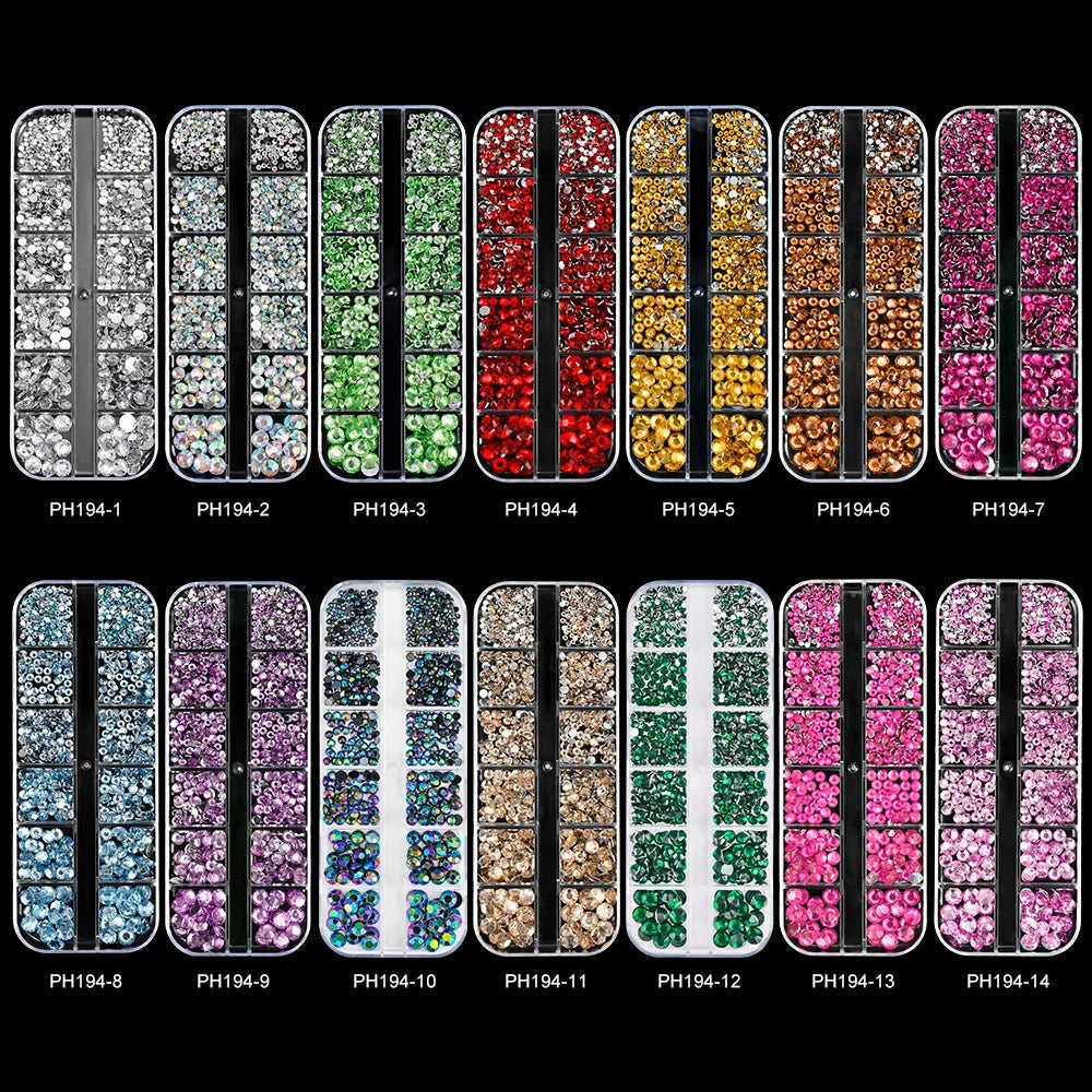 12Grids SS6-SS30 Mixed Nail Rhinestones Shiny Clear/Gold/Pink/Blue Diamond Flat-back Nail Gems Glass Stones Nails Decoration Econic Blanks