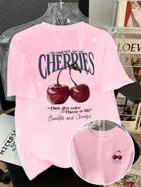 Summer Sweeter Cherries Prints T-Shirts Womens Cotton Oversized T Shirts Basic O-Neck Short Sleeve Tops Casual Woman Clothes Quick Pick Grocers