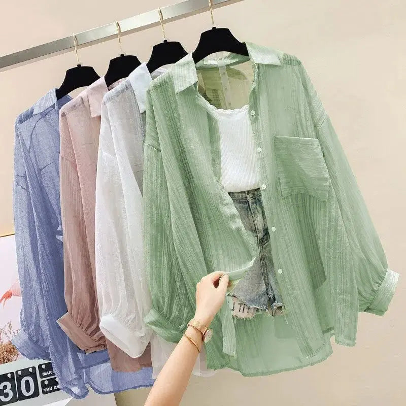 Summer Sunscreen Shirt Elegant Perspective Thin Chiffon Blouse Korean Harajuku See Through Loose Top Casual Women's Cardigan Quick Pick Grocers