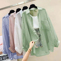 Summer Sunscreen Shirt Elegant Perspective Thin Chiffon Blouse Korean Harajuku See Through Loose Top Casual Women's Cardigan Quick Pick Grocers