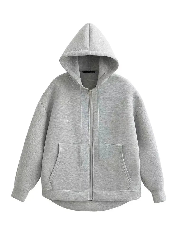 HH Autumn Women Gray Jacket With Hood Long Sleeve Big Pocket Zipper Jacket Coat Woman Loose Casual Outerwear Coat Tops Econic Blanks