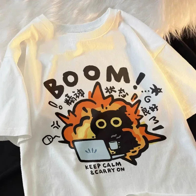 Kawaii Good Mental State Pure Short Sleeved T-shirt for Men Women Tee Clothes Loose Casual Cartoon Oversized Top Y2K Quick Pick Grocers
