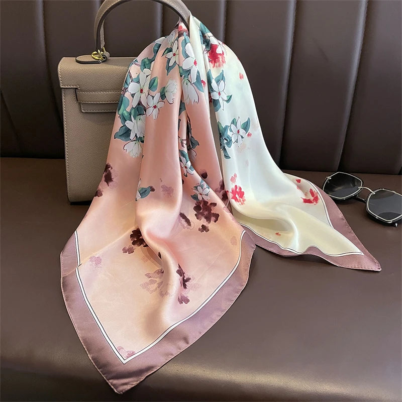 Bohemian Style Print Luxury Brand Silk Square Scarf Women Satin Shawls Neckerchief Wrap Scarves Bandana Hair Hjiab Floral Quick Pick Grocers