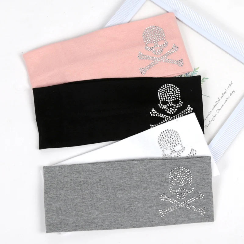 SKull Design Retro Street Punk Style Rhinestone Hair Strap Hot Girls Elastic Wide Edge Hairband Sports Anti Sweating Headband Quick Pick Grocers