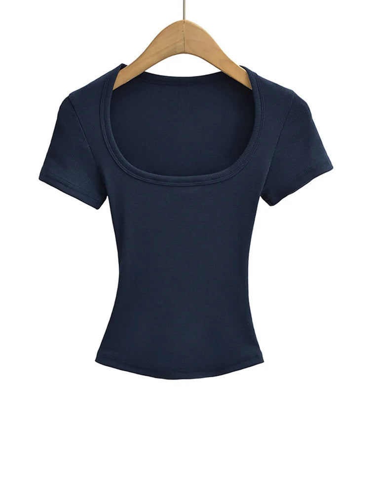 Women's Slim Fit Square Collar Crop Top High Stretch Short Sleeve Pullover Sexy Summer Blouse T-shirt for Bottoming Quick Pick Grocers
