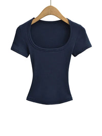 Women's Slim Fit Square Collar Crop Top High Stretch Short Sleeve Pullover Sexy Summer Blouse T-shirt for Bottoming Quick Pick Grocers