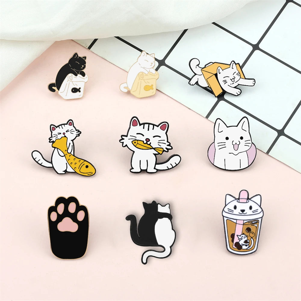 20 Styles Cute Cats collection Enamel Pins Dried Fish Bag Brooch Cartoon Animal Badges Denim Lapel Jewelry Gift for Kids Friends Quick Pick Grocers