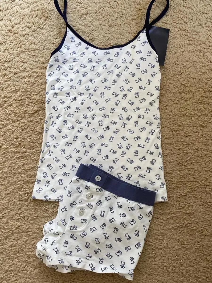 Strawberry Vest Shorts 2 Pieces Set Woman Eyelet Bow Slim Tank Top with Elastic Waist Patchwork Straight Short Pant Sweet Sets Quick Pick Grocers