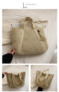 Elegant Ladies Straw Woven Handbag Women Holiday Beach Commute Casual Tote Top-Handle Bags Fashion Retro Shoulder Bags 2024 Quick Pick Grocers