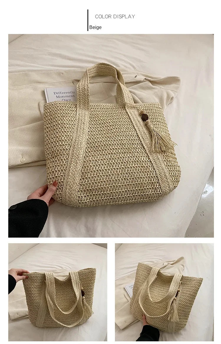 Elegant Ladies Straw Woven Handbag Women Holiday Beach Commute Casual Tote Top-Handle Bags Fashion Retro Shoulder Bags 2024 Quick Pick Grocers