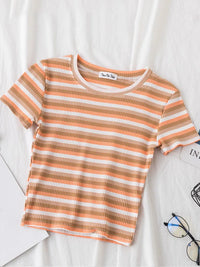 New T Shirt Women Rainbow Striped Tops Slim Fit t shirt Harajuku Tshirt Summer Short Sleeve Korean T-shirt feminina Clothes Tops Quick Pick Grocers