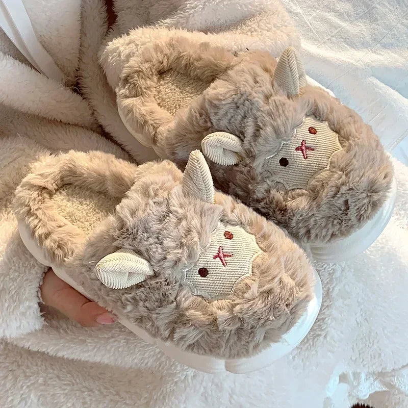 Winter Cartoon Plush Slippers Warm Fluffy Faux Fur Sheep Design Indoor Home Couple Cotton Slippers for Men And Women Purest Peak