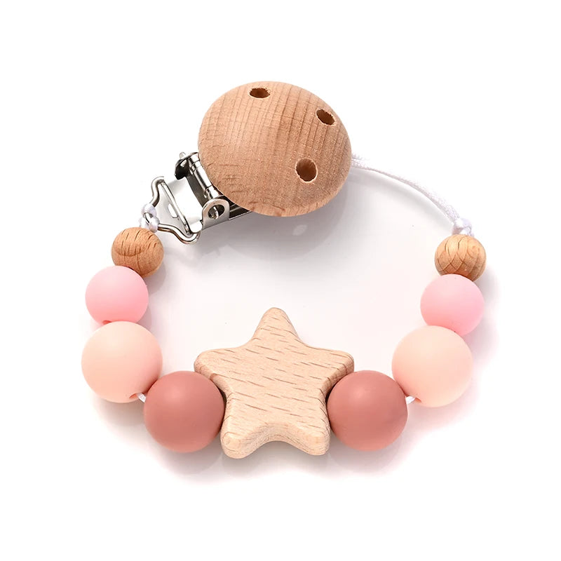 Baby Pacifier Chain Clips Wood Pentagram Teether Silicone Round Beads Teething Chain For Baby Care Soother Chew Toys Shower Gift Purest Peak