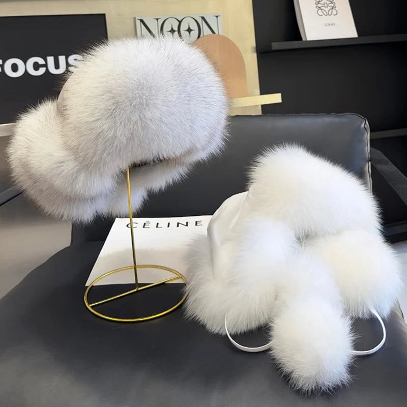 2025 100% Real Fox Fur Hats Women's Russian Ushanka Aviator Trapper Snow Skiing Hat Caps Earflap Winter Raccoon Fur Bomber Hat Purest Peak