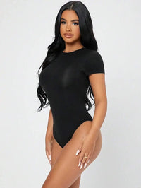 Petite Solid Slim Fit Short Sleeve Bodycon Bodysuit for Women Quick Pick Grocers