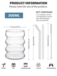 Leeseph 4Pcs Creative Glass Cups Coffee Mug Vintage Drinking Glasses Ribbed Glassware Aesthetic Cups with Straws Set Quick Pick Grocers
