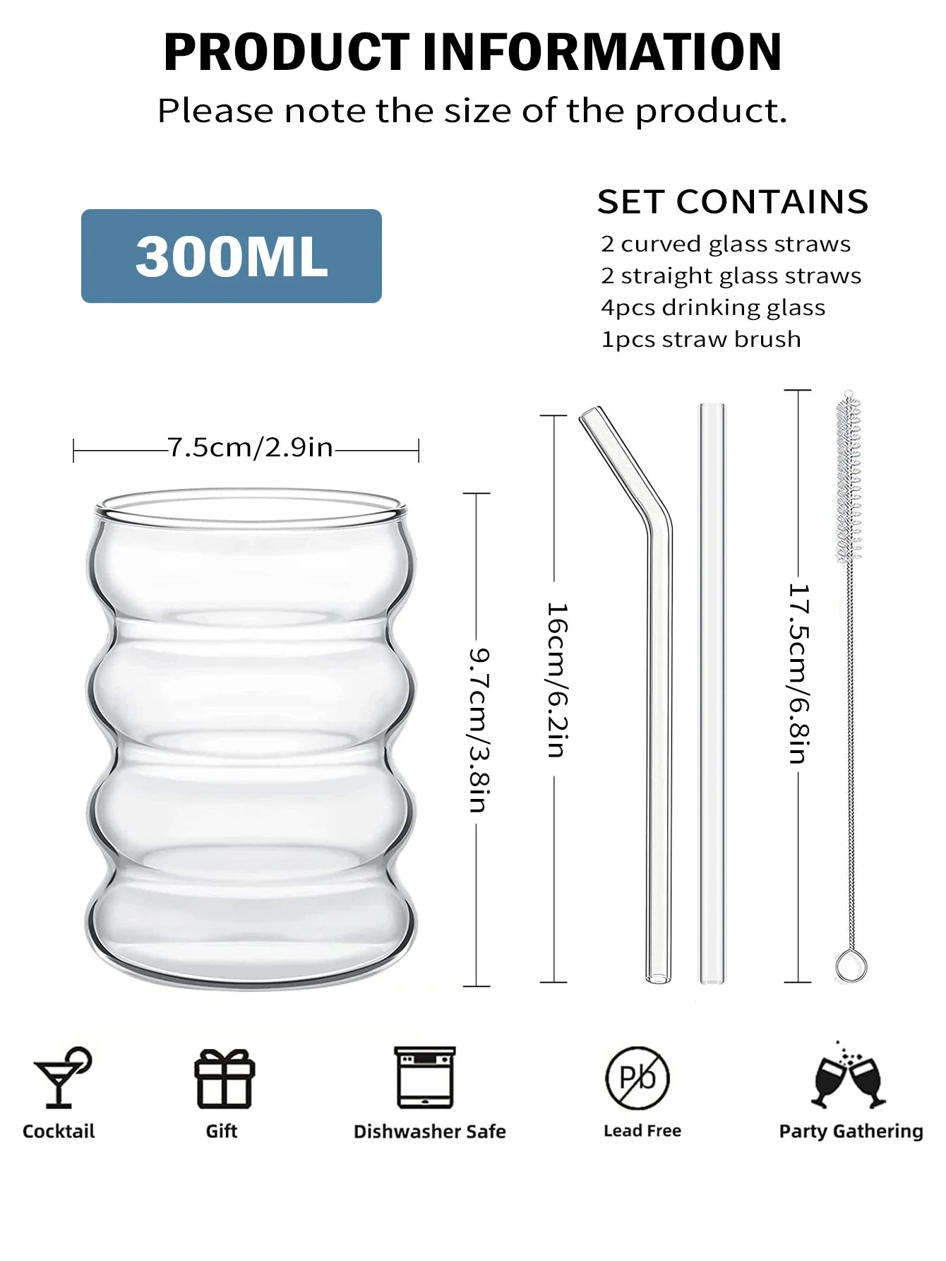 Leeseph 4Pcs Creative Glass Cups Coffee Mug Vintage Drinking Glasses Ribbed Glassware Aesthetic Cups with Straws Set Quick Pick Grocers