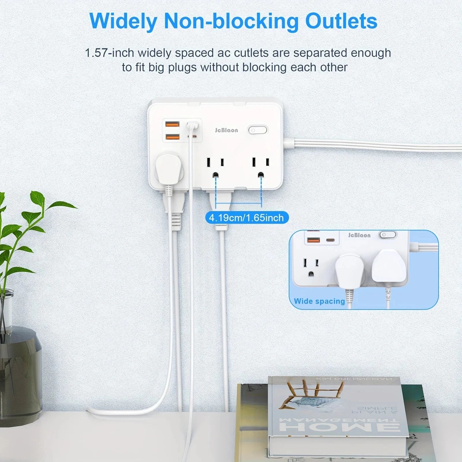 Surge Protector Ultra Thin Flat US Plug with 6 Widely Outlets 4 USB Ports,5ft Extender Cable,Power Strip Adapter for Home Office Econic Blanks