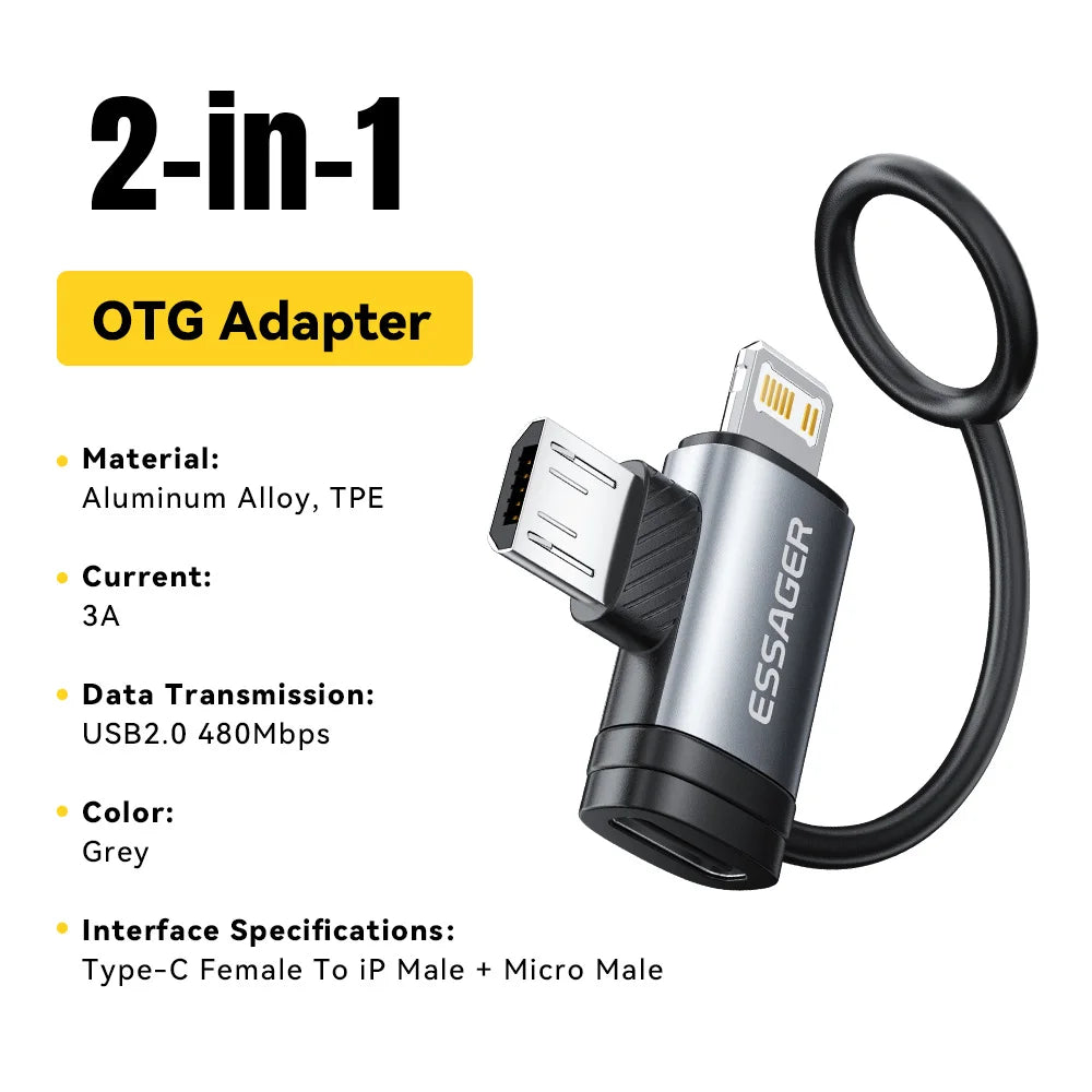 Essager 2-in-1 Lightning/Micro USB Adapter Fast Charging USB Type C Female Connector for iPhone 17 16 15 14 13pro iPad Converter Quick Pick Grocers