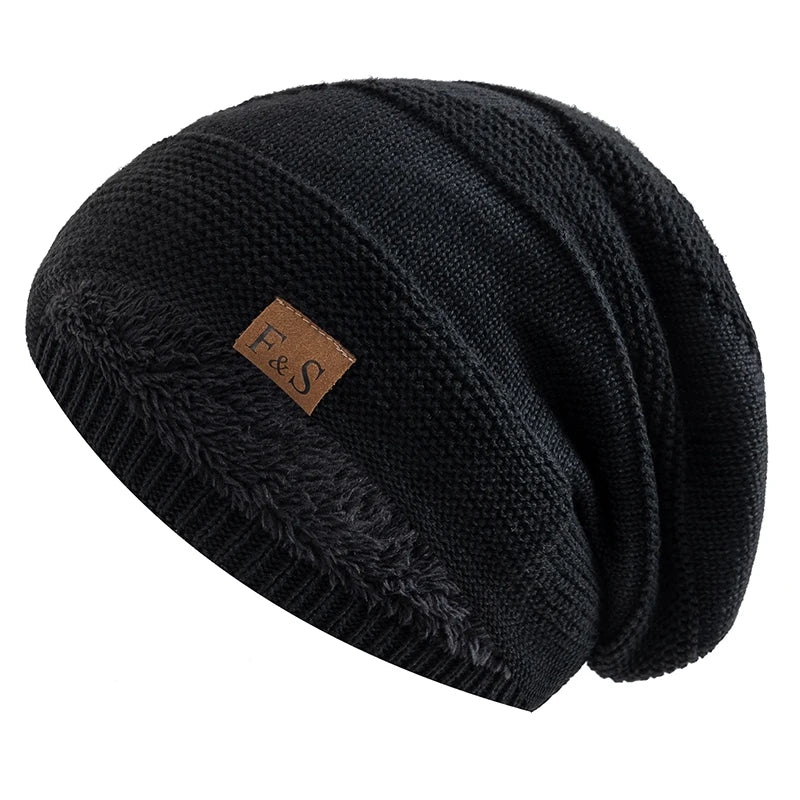 New Unisex Slouchy Winter Hats Add Fur Lined Men And Women Warm Beanie Cap Casual Label Decor Winter Knitted Hats Purest Peak