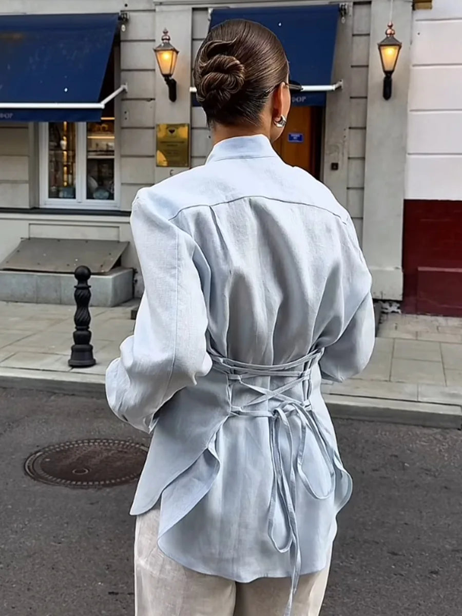 Wolfeel 100% Cotton New Autumn Tie Belted Shirt Women's  Floating Ribbon Cardigan Top Commuting Slim Blouse Quick Pick Grocers